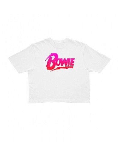 David Bowie Ladies' Crop Tee | Pink and Red Bowie Logo Crop T-shirt $8.09 Shirts